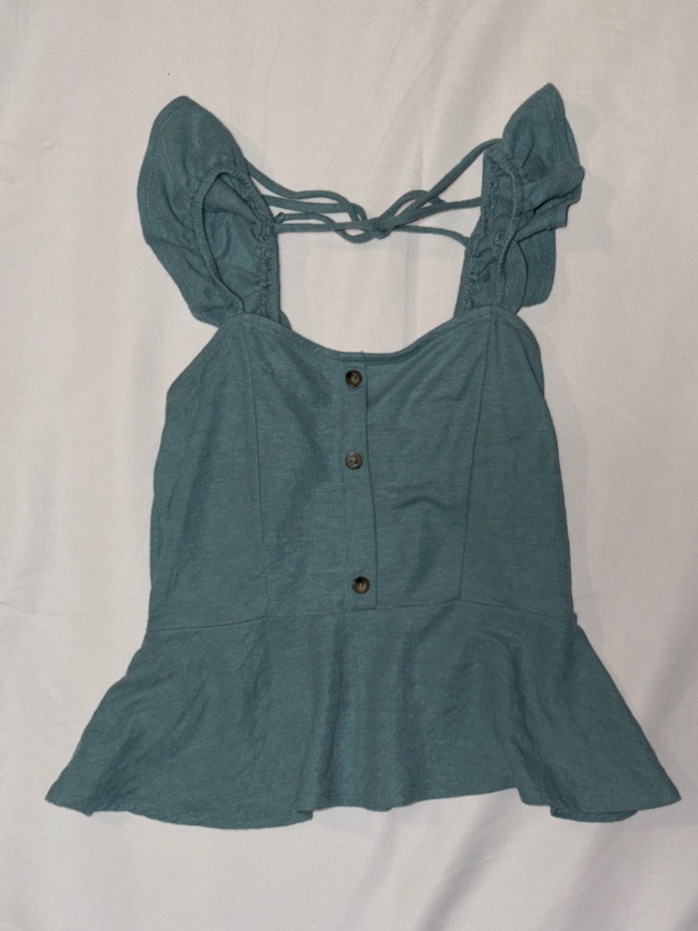 Stunn’d Blue Ruffle Strap Button-Front Peplum Tie Back Top XS
